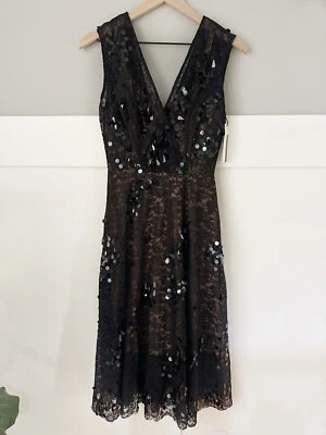 NUEVO Vestido Tracy Reese Mujer Talla 4 Negro Encaje Lentejuelas Ajuste Acampanado Midi Cuello en V $598 Foto 1 de 4