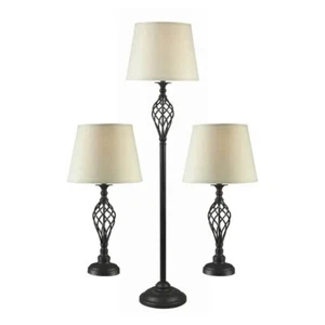 3-Piece Lamp Set | Bronze Metal Table & Floor Lamps with Beige Shades - Picture 1 of 4