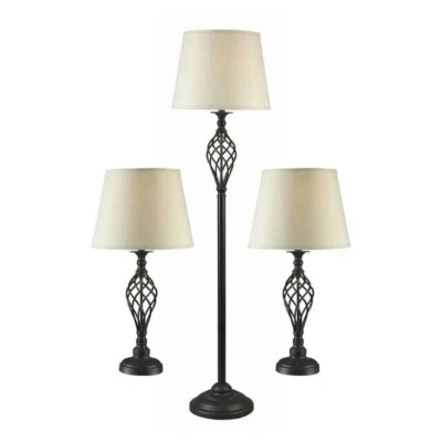 3-Piece Lamp Set | Bronze Metal Table & Floor Lamps with Beige Shades - Image 1 of 4