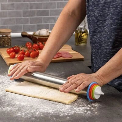 17" Household Stainless Steel Rolling Pin Kitchen Baking Tool w/ Graduated Scale - Image 1 of 4