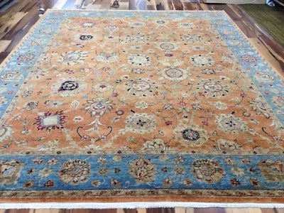 Alfombra de lana 8 x 10 salmón y verduras azules teñida Indo Pechavar anudada a mano Foto 1 de 4