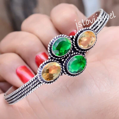 Diopside & Citrine Topaz Gemstone 925 Sterling Silver Bangle Cuff For Father - Image 1 of 4