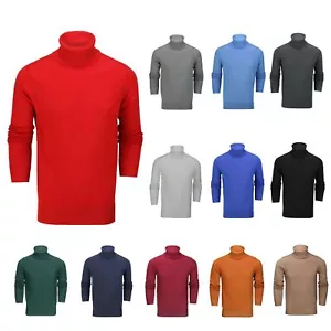 Mens Roll Neck Jumper Soft Cotton Fine Knitted High Turtle Polo Pullover Top - Picture 1 of 25