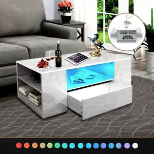 Modern LED Lights Coffee Table Living Room Storage 2 Drawers High Gloss White - Picture 1 of 12