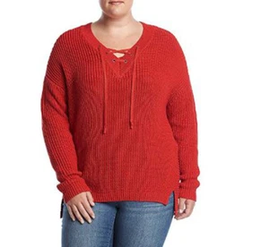 Neu mit Etikett gerippter Pullover Pulli mit Rüschen und Schnürung Haute-Rot Größe PL - Bild 1 von 3
