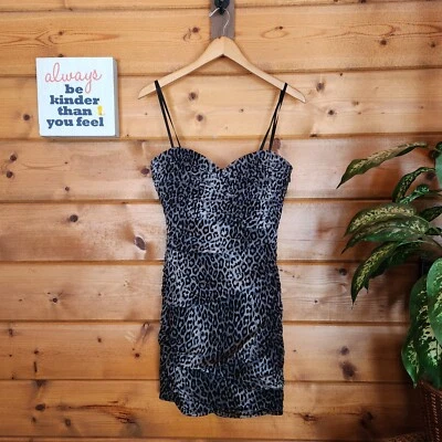 Mini vestido BCBGMAXAZRIA Winnie preto combo leopardo franzido sem alças plissado tamanho 8 - Imagem 1 de 4