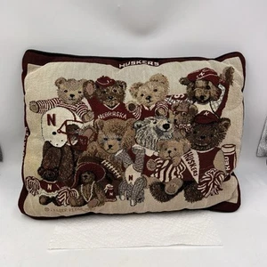 Vintage Nebraska Corn Huskers Finished Cross Stitch Pillow FOOTBALL Teddy Bears - Picture 1 of 18