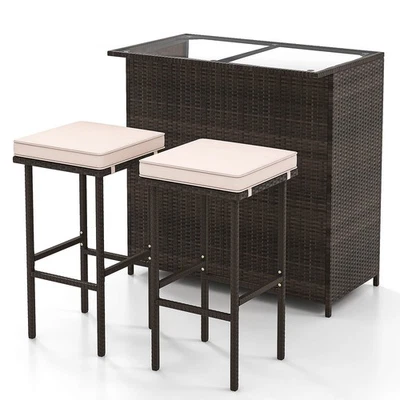 Patio 3 PCS Bar Set w/ Tempered Glass Tabletop 2-Tier Storage Removable Cushions - Image 1 of 4