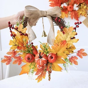 Artificial Fall Wreaths for Front Door Rustic Autumn Wreath with Pumpkin,Rose,Be - Picture 1 of 8