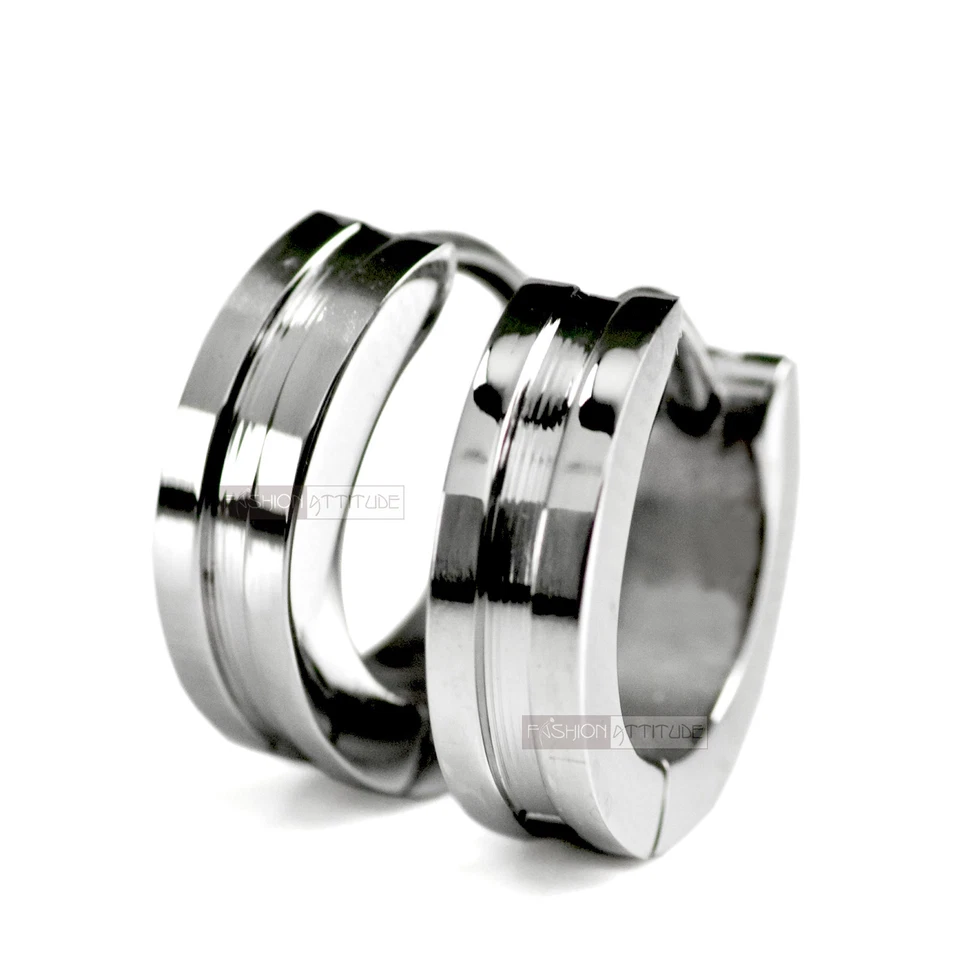 silver polished stainless steel single stripe pattern huggies earrings fashion Foto 1 de 1