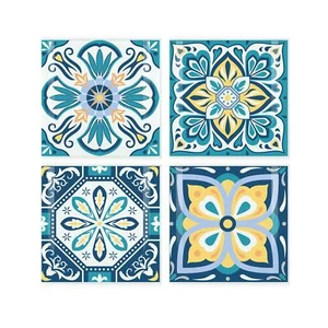 Griechische Fliesen Untersetzer Set - Quadratisch Glas Mediterran Druck Dekor Geschenk - Bild 1 von 1