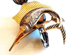 DAMASCENE TOLEDOWARE BROOCH!Signed Swordfish Pin.Pristine Gold Plated Setting.