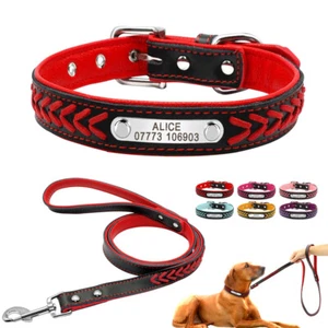 Braided Leather Personalized Dog Collar and Leash Set with Custom Engraved Tag - Picture 1 of 20