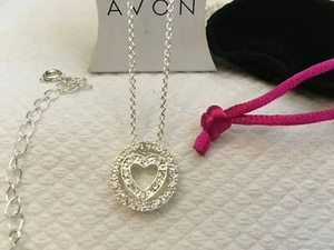 2013 Avon Rhinestone Heart Pendant in Pouch - Silvertone - 17-20in - Picture 1 of 2