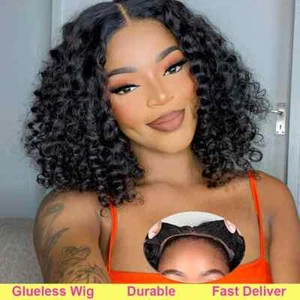 Glueless Human Hair Ready to Go Wear Wigs Short Curly Lace Front Wigs Preplucked - Picture 1 of 17