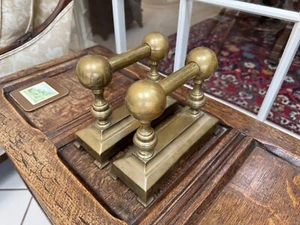 STURDY PAIR OF VICTORIAN BRASS ANDIRONS OR FIRE DOGS 7” TALL - Picture 1 of 7