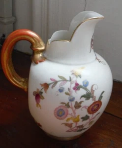 Signed 1892 ROYAL WORCESTER Blush Ivory Flatback Pitcher Scallop Spout Florals - Picture 1 of 8