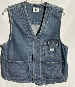 Vintage Calvin Klein Jeans SZ XL Denim Button CK Vest Women’s Leather Patch - Picture 1 of 12