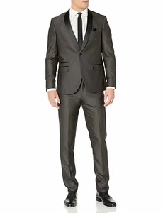Adam Baker Men's Slim Fit One Button Satin Shawl Collar 2-Piece Tuxedo Suit - Picture 1 of 7