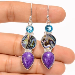 Abalone Muschel Charoit Edelstein Mode Schmuck 925 Silber Ohrringe 2,2 Zoll ARE3804 - Bild 1 von 3