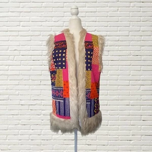 Vintage 70s Patchwork Print Penny Lane Vest Fur Trim Lined Multicolor S/m - Picture 1 of 6