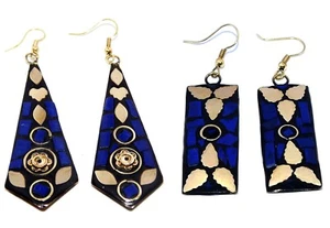 Tibetan Earrings Gold Plated Lapis Lazuli Stone 2 Pairs Napali Handmade Jewelry - Bild 1 von 5