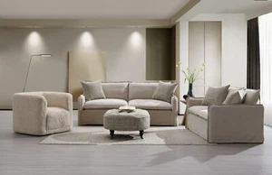 Upendo Pattern Fabric, Beige Yakety Yak Sand & Beige Linen 3PCS Living Room Set - Picture 1 of 11