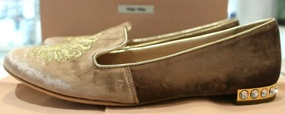 Miu Miu Old Rose Cammeo Velvet Crystal Heel Embroidered Vamp Loafers Shoes-Sz 40 - Image 1 of 4