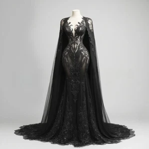 Black Fantasy Victorian Prom Dress Gothic Applique Floral Mermaid Floor-length - Picture 1 of 5