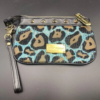 Betsey Johnson Wristlet Blue Sequin Cheetah Bag Gold Zippered - Image 1 of 4