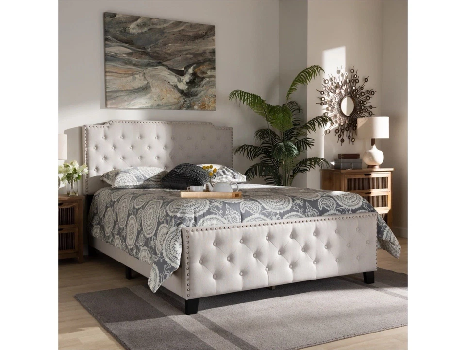 BRAND NEW Ashley Upholstered Button Tufted Panel Beige King Size Bed Frame - Image 1 of 4