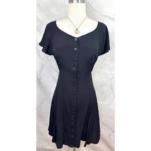 Betsey Johnson 90s USA Dress Sz M Fit Flare Black Punk Goth Emo Button Witchy - Picture 1 of 21