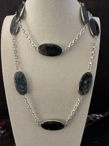 Silver Chain Necklace With Smooth Gray Oval-Shaped Stones 26" ~ 891 - Picture 1 of 4