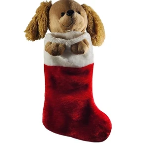 Medias de felpa 3D marrón cachorro perro Navidad piel sintética roja y blanca de colección - Imagen 1 de 5