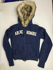 Vtg Abercrombie & Fitch Fur Zip Hoodie Sz S* If Six Was Nine Style Navy Blue Y2K - Picture 1 of 18