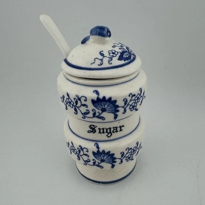Tarro de azúcar floral azul y blanco con tapa y cuchara Japón vintage Foto 1 de 4