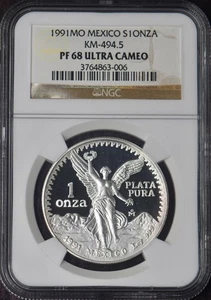 1991-Mo Mexico Silber 1 Onza Libertad 8 Dots NGC PF68 Ultra Cameo - ✪COINGIANTS✪ - Bild 1 von 2