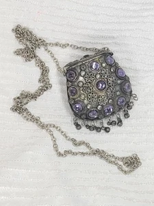 Vtg 70s Metal Pouch Necklace Belt 42" Long Chain Purple Glass Amethyst Retro  - Picture 1 of 15