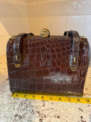 Cartera Caja Vientre Cocodrilo Marrón Años 40 Vintage con Espejo y Forro de Cuero, Latón Foto 1 de 4