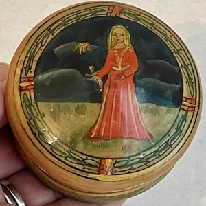 Small 2.5” Dia, Vintage Round Wooden Turned Handpainted Lid Trinket/Ring Dish - Picture 1 of 12