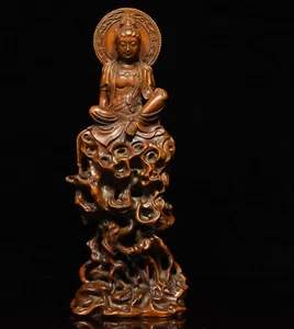 China Buddhism Boxwood wood exquisite Carve sit Kwan-yin Guan Yin Buddha Statue - Picture 1 of 8
