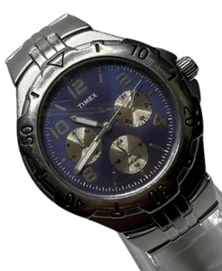 Timex Watch Men 38mm Silver Tone Blue Dial Day Date Working - Picture 1 of 11