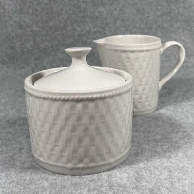 Oneida Basket Weave Wicker White Creamer & Sugar Bowl Set with Lid Stoneware - Image 1 of 4