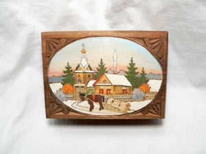 Russian Carved Wooden Box - Horse Pulling Sled by Church Scene - Picture 1 of 10