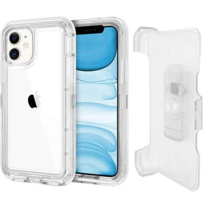 For iPhone 11 Clear Hard Shockproof Rugged Defender Case Cover With Belt Clip - Image 1 of 4