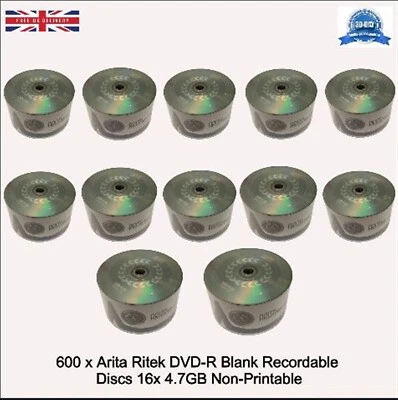 600 x Arita Ritek DVD-R 8x Blank 4.7GB Non-Printable Recordable Logo Blank Disc - Image 1 of 4