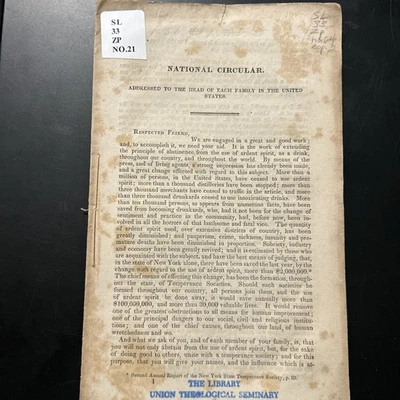 Rare Pamphlet, 1800s, National Circular On Temperance, New York - Image 1 of 2