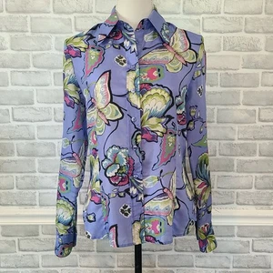 Blusa vintage Carlisle seda púrpura floral mariposa abotonada 4 arte de usar - Imagen 1 de 9