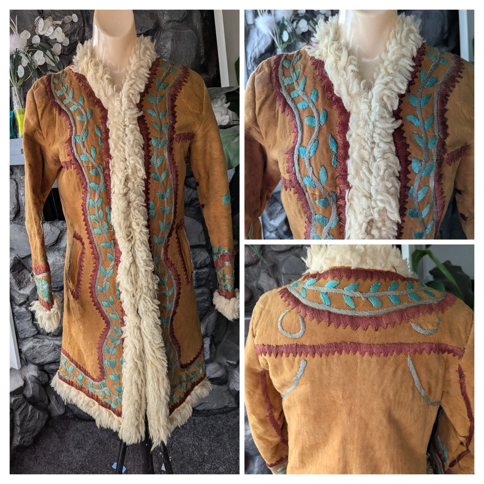 Abrigo Penny Lane Verdadero De Colección Años 60/70 Afgano Peludo Floral Bordado Piel de Oveja XS/S Foto 1 de 4