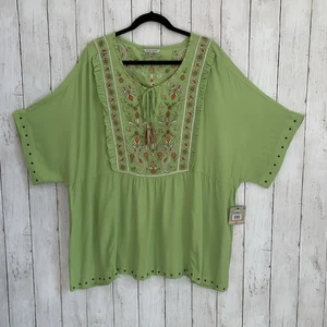 John Mark Embroidered Top 2X Green Tassel Neck Tie Grommets Boho  Short Sleeve - Picture 1 of 16
